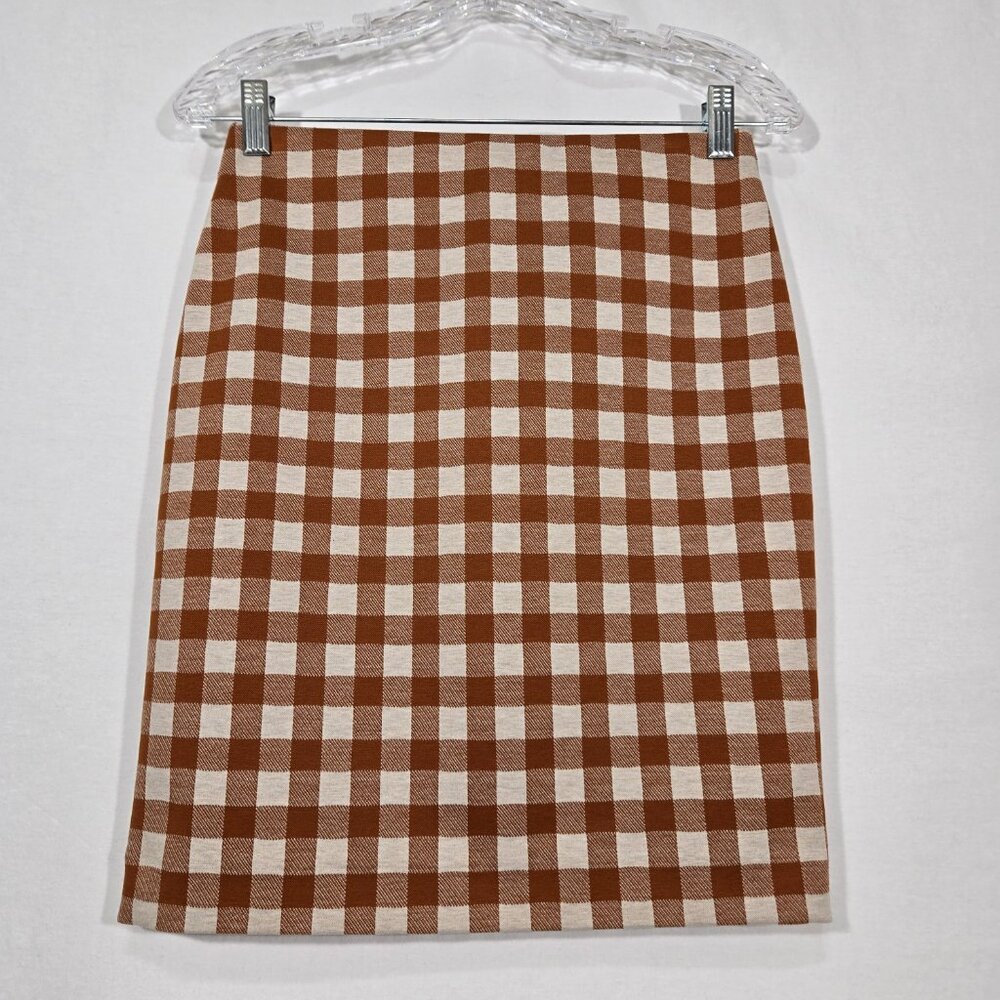 ACADEMIA - SIREN Brown & Beige Checkered Ponte Knit Pencil Mini Skirt PETITE XSP - Picture 4 of 16